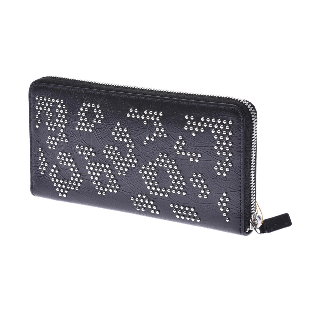 Mcm Black Zipper Round Wallet Long Leopard Studs Leather Black